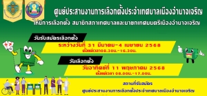 ศูนย์ประสานงานการเลือกตั้งประจำเทศบาลเมืองอำนาจเจริญ ประการให้มีการเลือกตั้งสมาชิกสภาเทศบาล และนายกเทศมนตรีเมืองอำนาจเจริญ